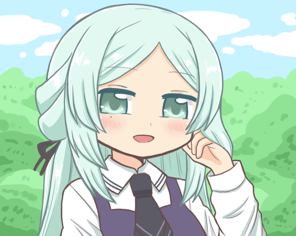 1girl, :d, bad_id, bad_twitter_id, black_necktie, blue_eyes, blue_hair, blue_sky