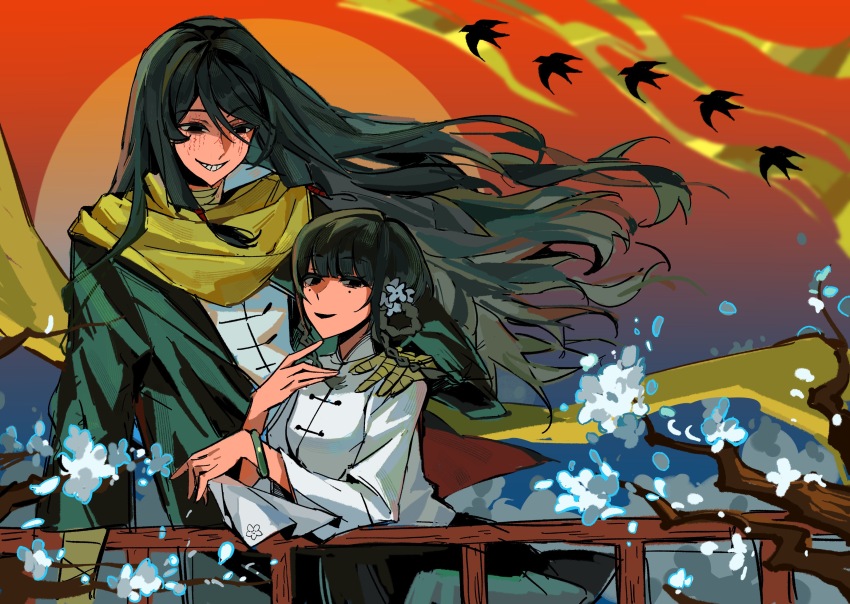 1boy, 1girl, bandaged_hand, bandages, black_coat, black_eyes, black_hair, black_skirt