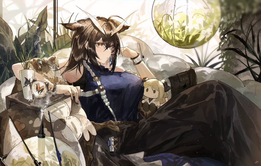 1girl, absurdres, arknights, bare_shoulders, breasts, brown_hair, brown_skirt, character_doll