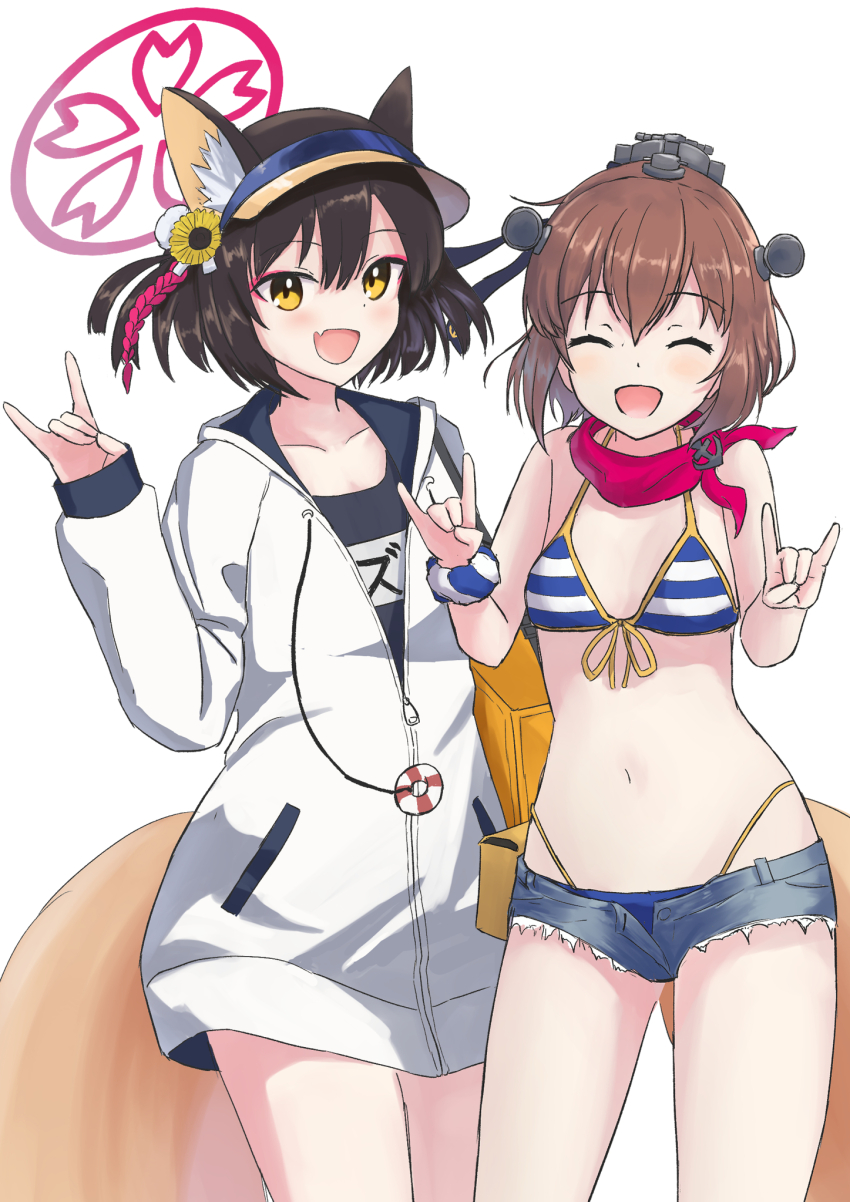 2girls, animal_ears, bikini, bikini_bottom_under_shorts, bikini_under_clothes, black_one-piece_swimsuit, blue_archive, breasts