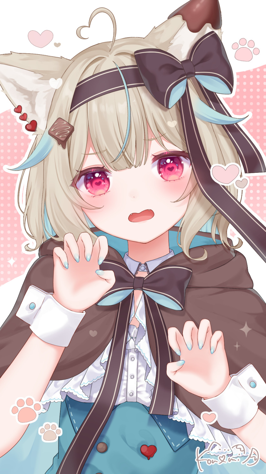 1girl, amakami_konomi, amakami_konomi_(artist), animal_ear_fluff, animal_ears, blonde_hair, blue_cape, blue_hair