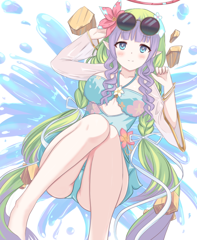 1girl, absurdly_long_hair, ameth_(princess_connect!), ameth_(summer)_(princess_connect!), aqua_one-piece_swimsuit, blunt_bangs, bracelet, casual_one-piece_swimsuit