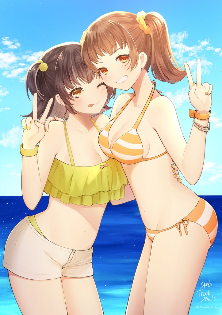 2girls, ;p, alternate_costume, arched_back, armpit_crease, bare_arms, bare_shoulders, bikini