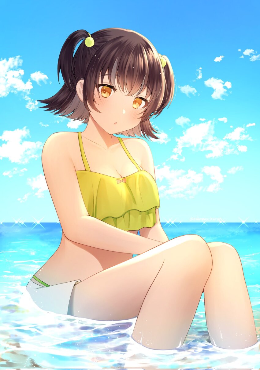 1girl, :o, alternate_costume, armpit_crease, bare_arms, bare_shoulders, bikini, bikini_under_clothes, bikini_bottom_under_shorts, blue_sky, blush, breasts, brown_hair, cleavage, cloud, collarbone, colored_inner_hair, commentary_request, corrupted_twitter_file, day, edamame_koron, frilled_bikini, frills, gems_company, hair_bobbles, hair_ornament, highres, horizon, knees, knees_up, kosedo_ramu, large_breasts, looking_at_viewer, multicolored_hair, ocean, orange_eyes, outdoors, panty_straps, shallow_water, short_hair, shorts, sitting, sky, solo, sparkle, stomach, streaked_hair, swimsuit, thick_eyelashes, twitter_username, two_side_up, virtual_youtuber, water, white_shorts, yellow_bikini