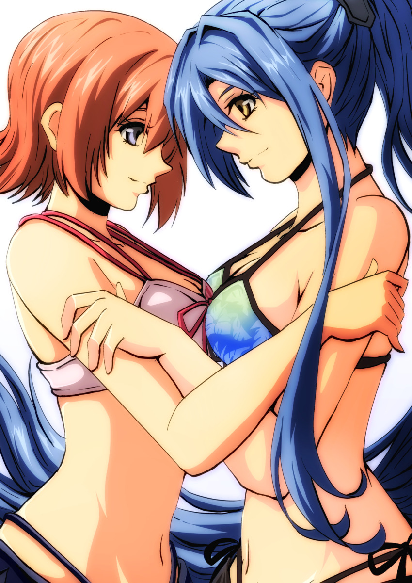 2girls, akane_kazami, bikini, blue_bikini, blue_eyes, blue_hair, breast_press, breasts, brown_hair, cleavage, commission, eiyuu_densetsu, hajimari_no_kiseki, highleg, highleg_bikini, highres, hug, laura_s._arseid, long_hair, looking_at_another, multiple_girls, noel_seeker, ponytail, short_hair, side-tie_bikini_bottom, skeb_commission, swimsuit, very_long_hair, white_bikini, yellow_eyes, yuri