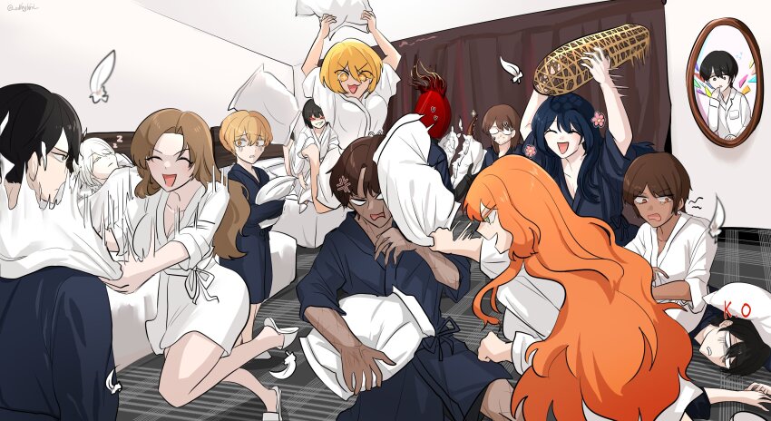 1other, 6+boys, 6+girls, :3, :d, ^_^, anger_vein, arms_up, artist_name, bags_under_eyes, bamboo_wife_pillow, bathrobe, beard_stubble, bed, black_eyes, black_gloves, black_hair, blank_eyes, blonde_hair, blue_hair, blue_robe, breaking, broken, brown_hair, clock, closed_eyes, closed_mouth, colored_eyelashes, commentary_request, covering_own_mouth, crystal_wings, curtains, dante_(limbus_company), dark-skinned_female, dark-skinned_male, dark_skin, don_quixote_(project_moon), empty_eyes, everyone, evil_grin, evil_smile, facial_hair, faust_(project_moon), feathers, flower, flying_sweatdrops, freckles, frown, glass_shards, glasses, gloves, green_eyes, gregor_(project_moon), grin, hair_between_eyes, hair_down, hand_over_own_mouth, heathcliff_(project_moon), highres, holding, holding_pillow, hong_lu_(project_moon), hugging_object, in_the_face, indoors, ishmael_(project_moon), jitome, jumping, k.o., korean_commentary, limbus_company, long_hair, lying, meursault_(project_moon), mirror, mole, mole_under_eye, motion_lines, multiple_boys, multiple_girls, naked_robe, object_head, on_floor, open_mouth, orange_eyes, orange_hair, outis_(project_moon), parted_bangs, pillow, pillow_fight, pillow_hug, project_moon, red_eyes, robe, rodion_(project_moon), rollingbird, ryoshu_(project_moon), sang_yi_(project_moon), scar, scar_on_arm, scar_on_face, scar_on_hand, scar_on_leg, scared, scars_all_over, shaded_face, short_hair, short_sleeves, sidelocks, sinclair_(project_moon), sitting, sitting_on_person, sleeping, slippers, smile, sparkle, standing, stubble, sweat, throwing, too_many, trembling, twitter_username, unamused, unconscious, under_covers, v-shaped_eyebrows, v-shaped_eyes, very_long_hair, white_footwear, white_hair, white_robe, wide-eyed, wings, yi_sang_(project_moon), zzz