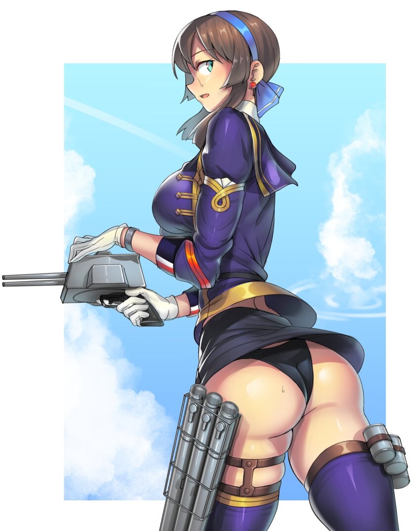 1girl, adapted_turret, ayakumo, black_hair, black_panties, black_skirt, blue_hairband, blue_shirt