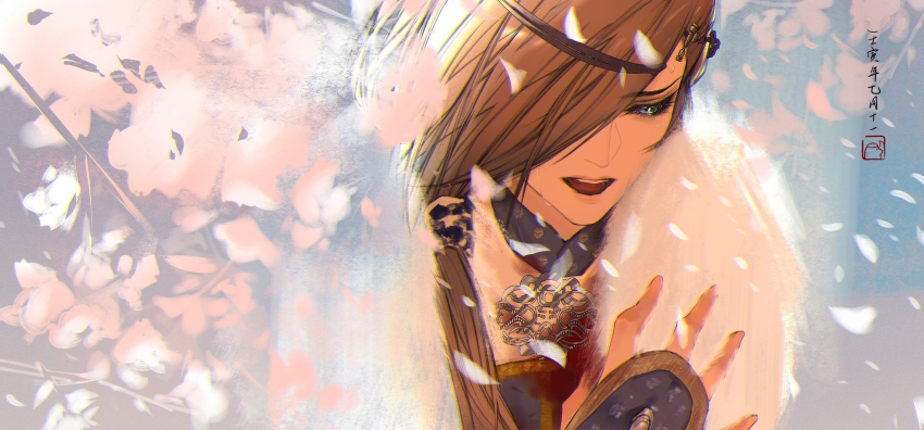 1boy, arm_guards, blood, blood_on_clothes, blue_background, blue_eyes, cherry_blossoms, chinese_clothes