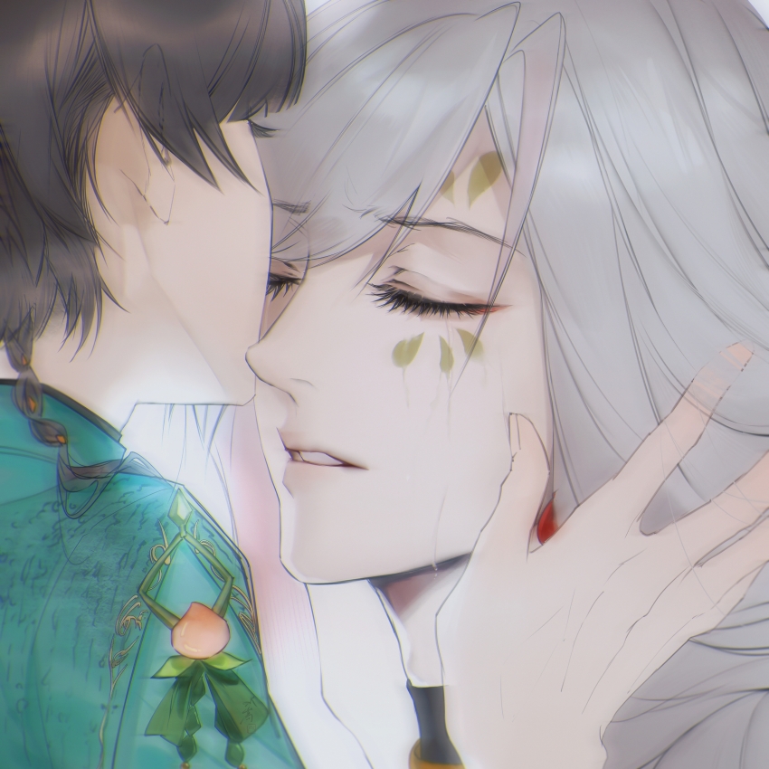 2boys, absurdres, adam's_apple, aqua_jacket, black_hair, blunt_bangs, braid, chunzhanjia