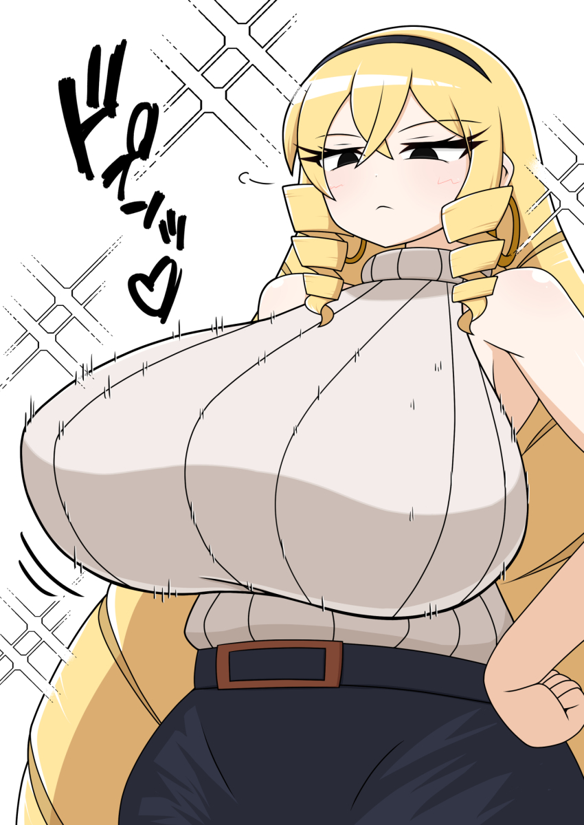 1girl, :<, belt, berun_(zakeruga1zakeru), black_eyes, black_hairband, black_skirt, blonde_hair, blush, bouncing_breasts, breasts, closed_mouth, drill_hair, drill_sidelocks, earrings, hairband, hands_on_own_hips, highres, hoop_earrings, huge_breasts, jewelry, kaneda_maria, long_hair, mount_celeb_kaneda-san, pencil_skirt, sidelocks, simple_background, skirt, sleeveless, sleeveless_sweater, solo, sparkle, sparkling_aura, standing, sweater, turtleneck, turtleneck_sweater, twin_drills, very_long_hair, white_background