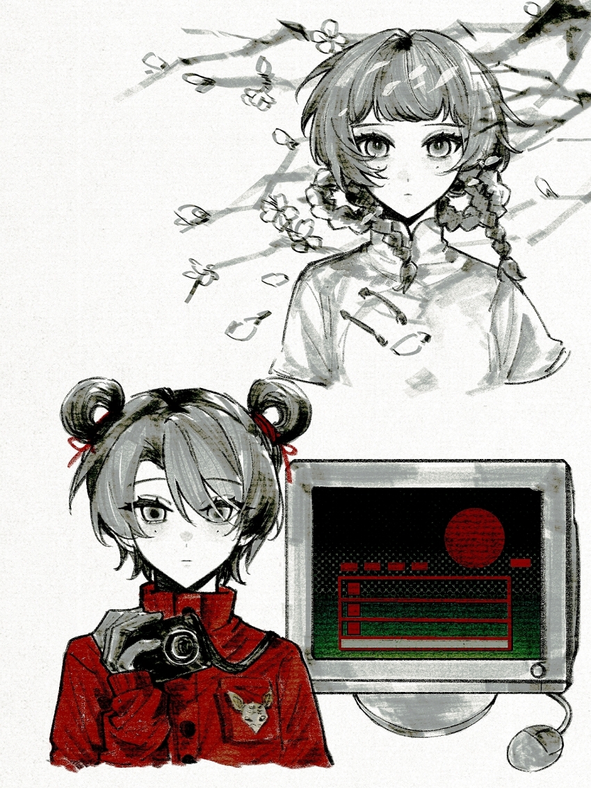 2girls, braid, braided_hair_rings, camera, camera_around_neck, chinese_clothes, chinese_commentary, closed_mouth