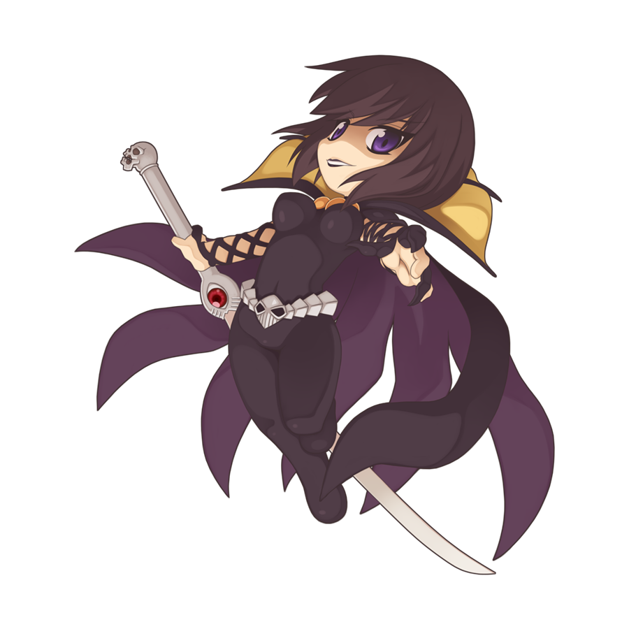 1girl, black_bodysuit, black_cape, bodysuit, breasts, brown_hair, cape, chibi