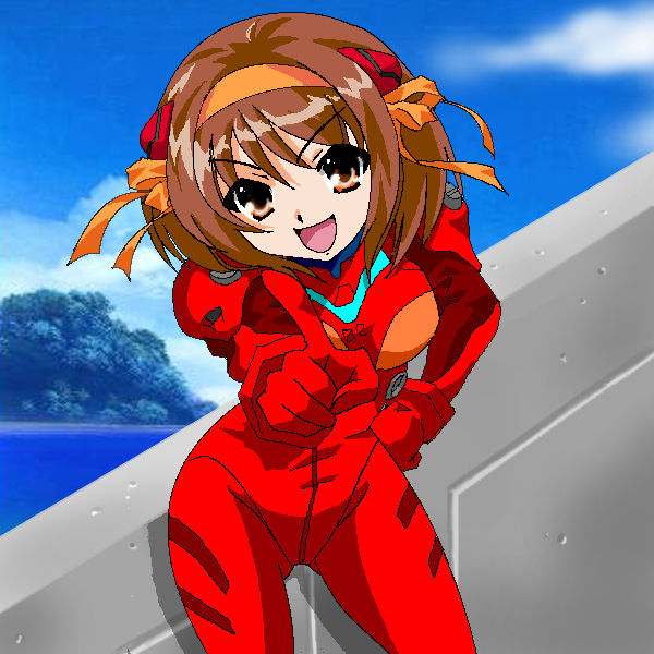 1girl, bodysuit, breasts, brown_eyes, brown_hair, cosplay, kou-oboro, looking_at_viewer, mecha_pilot_suit, medium_breasts, neon_genesis_evangelion, open_mouth, orange_ribbon, plugsuit_(evangelion), ribbon, short_hair, smile, solo, souryuu_asuka_langley, suzumiya_haruhi, suzumiya_haruhi_no_yuuutsu