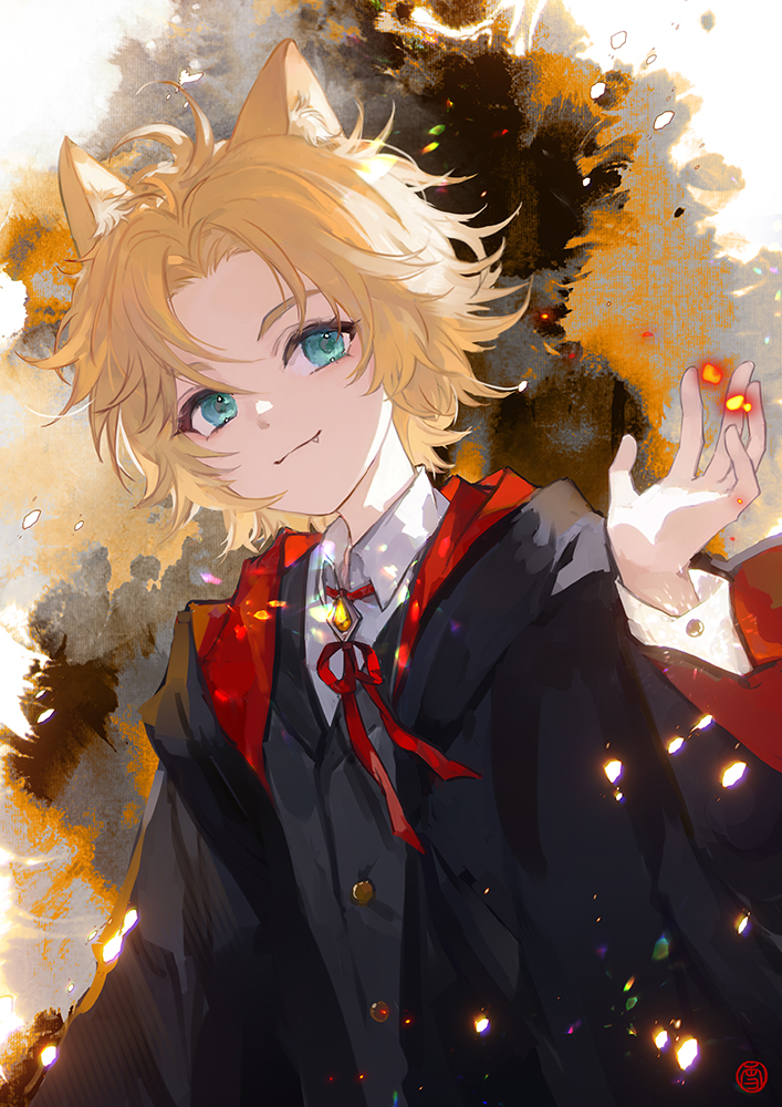 1boy, :3, aged_down, animal_ears, aqua_eyes, black_coat, blonde_hair, brooch