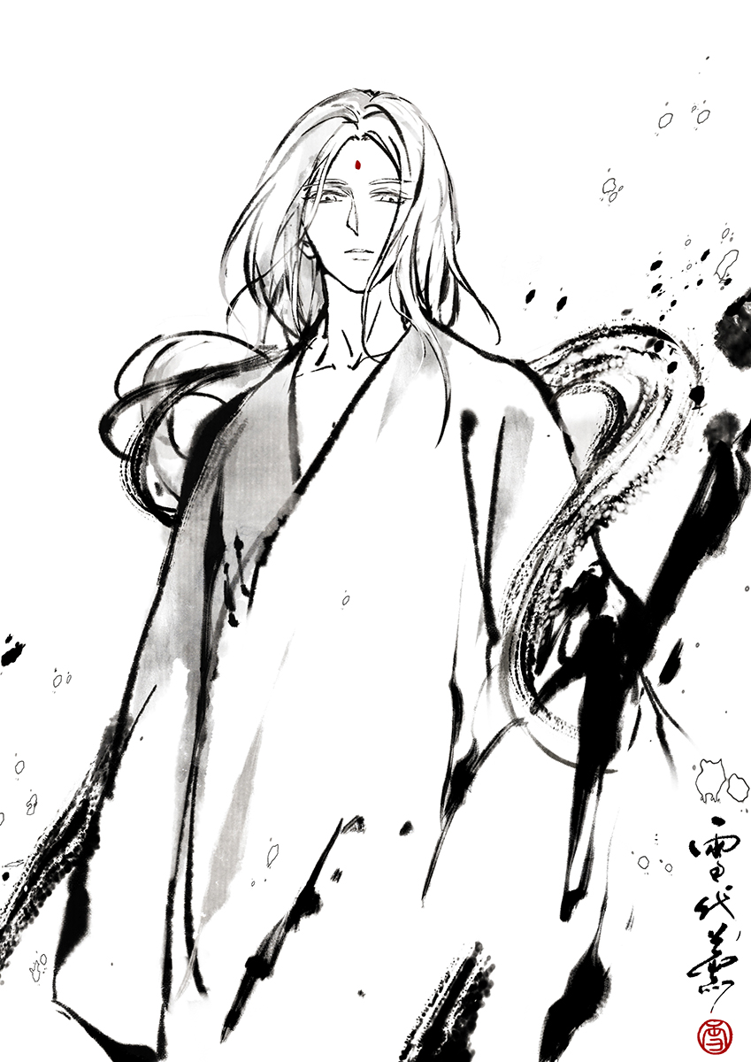 1boy, arms_at_sides, chinese_clothes, collarbone, cowboy_shot, expressionless, facial_mark, faux_traditional_media