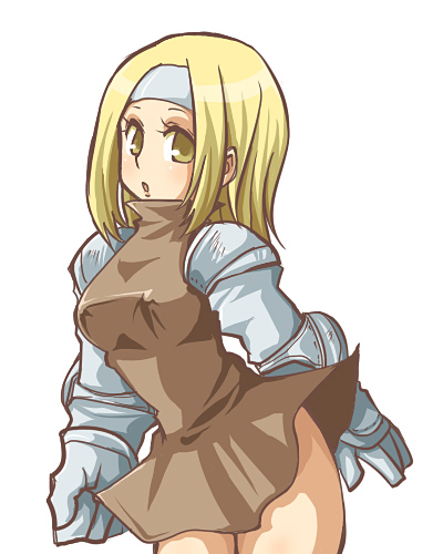 1girl, blonde_hair, breasts, covered_erect_nipples, dress, female_focus, final_fantasy, final_fantasy_tactics, gauntlets, ginger_yaki, headband, long_hair, lowres, shougayaki_(kabayaki_3), simple_background, solo, squire_(fft), white_background, yellow_eyes