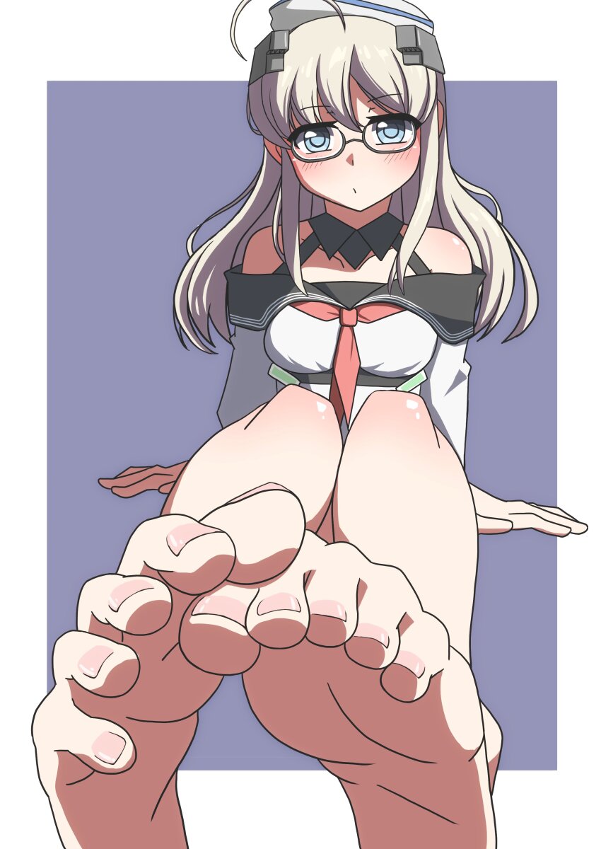 1girl, absurdres, ahoge, barefoot, black_sailor_collar, blue_background, commentary_request, dixie_cup_hat, feet, foot_focus, glasses, grey_hair, hat, heywood_l._edwards_(kancolle), highres, kantai_collection, military_hat, neckerchief, off-shoulder_shirt, off_shoulder, pink_neckerchief, sailor_collar, sailor_shirt, shirt, sitting, soles, solo, sosorin, two-tone_background, white_hat, white_shirt