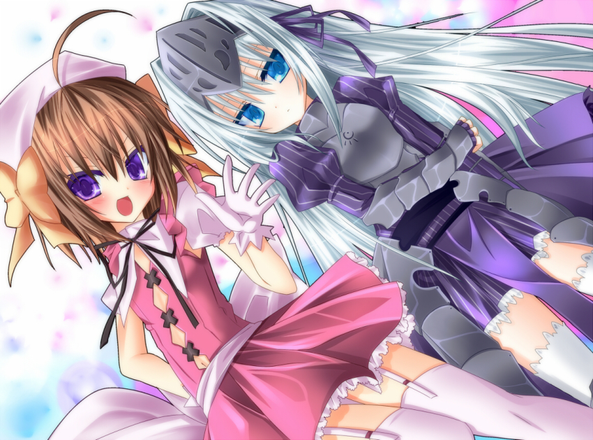 10s, 2girls, ahoge, armor, armored_dress, bad_id, bad_pixiv_id, bow