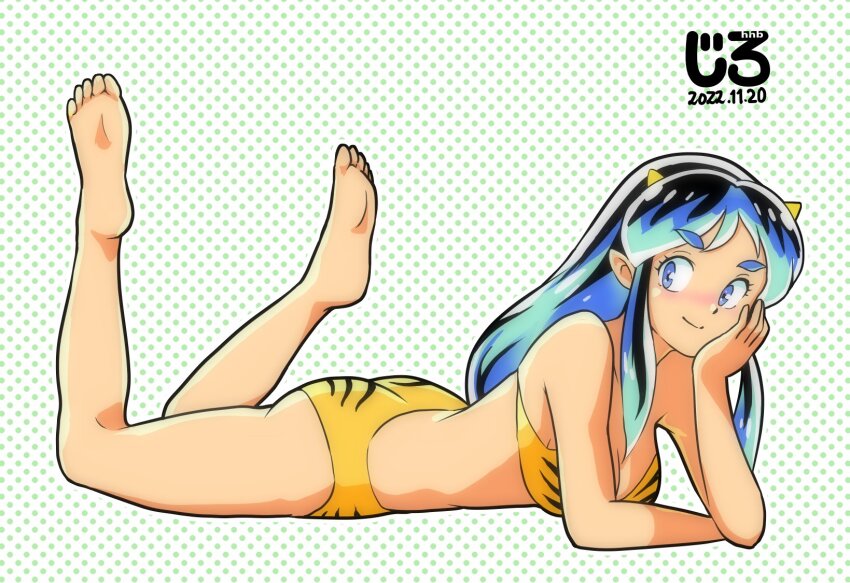 1girl, animal_print, arm_support, artist_logo, barefoot, bikini, blue_eyes, blue_hair, breasts, cleavage, cone_horns, dated, feet, full_body, highres, horns, jirohhb, logo, long_hair, looking_at_viewer, lum, lying, on_stomach, pointy_ears, polka_dot, polka_dot_background, print_bikini, sidelocks, smile, soles, solo, swimsuit, the_pose, tiger_print, toes, urusei_yatsura