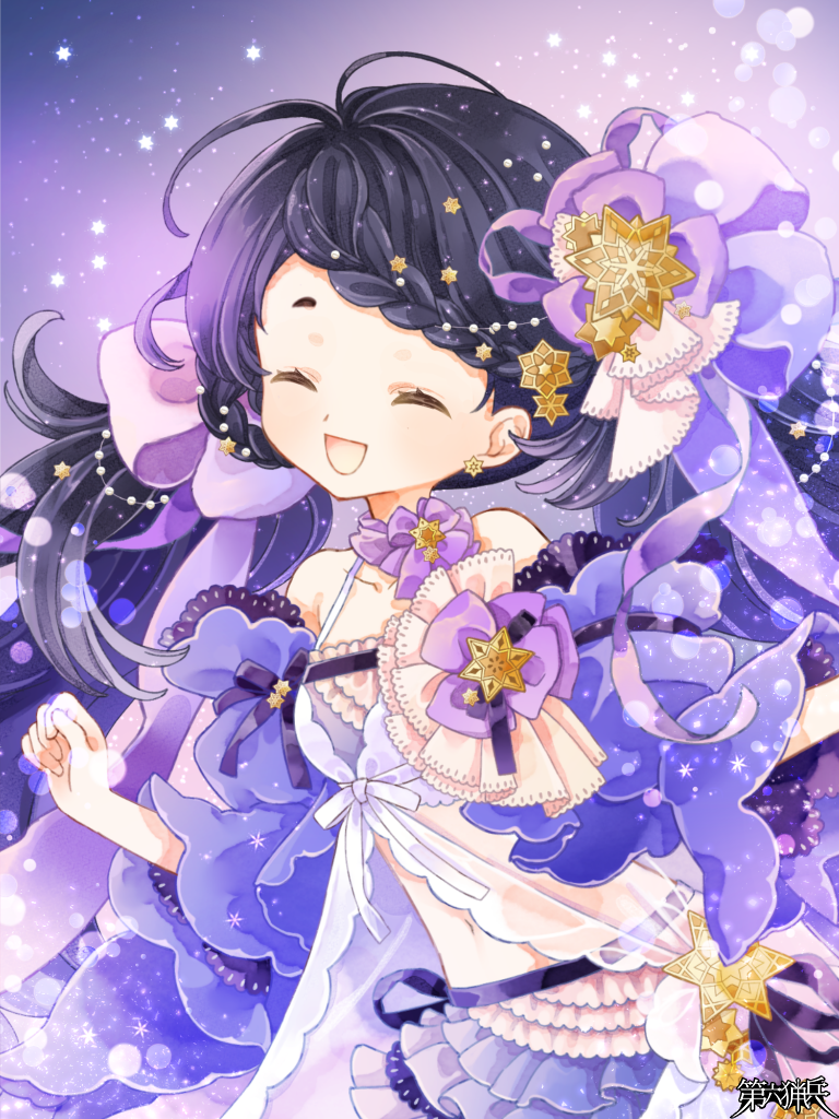 1girl, :d, black_hair, bow, braid, breasts, closed_eyes, copyright_name