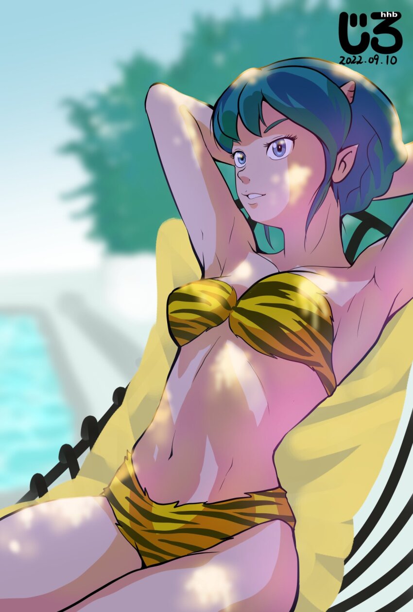 1girl, animal_print, arms_behind_back, artist_logo, bikini, blue_eyes, blue_hair, blurry