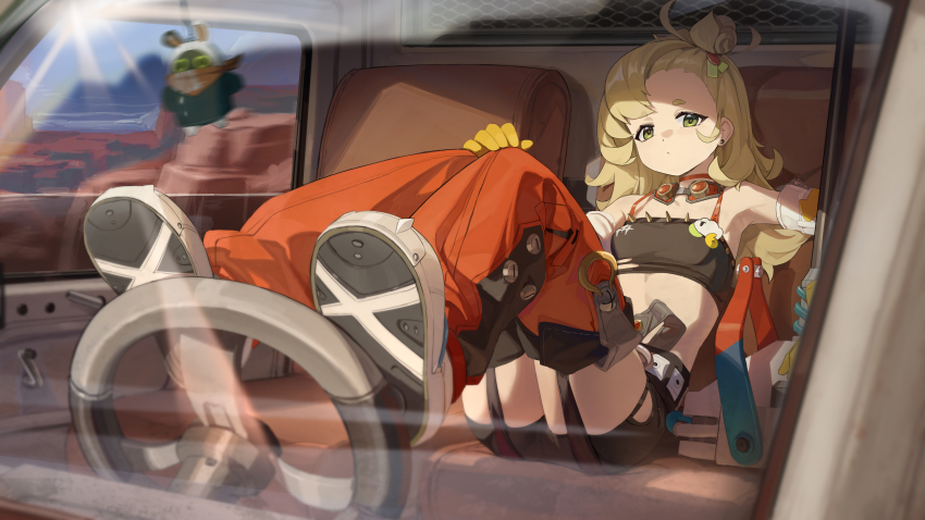 1girl, absurdres, armpits, bangboo_(zenless_zone_zero), black_shorts, blonde_hair, blue_sky, car_interior