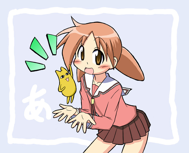 1girl, azumanga_daiou, blouse, blue_background, brown_eyes, brown_hair, child, female_focus