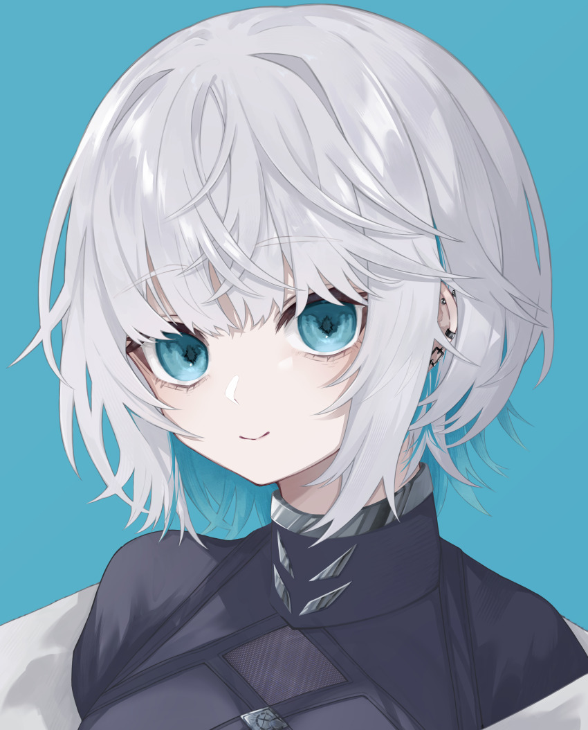 1girl, absurdres, black_shirt, blue_background, blue_eyes, closed_mouth, ear_piercing, grey_hair