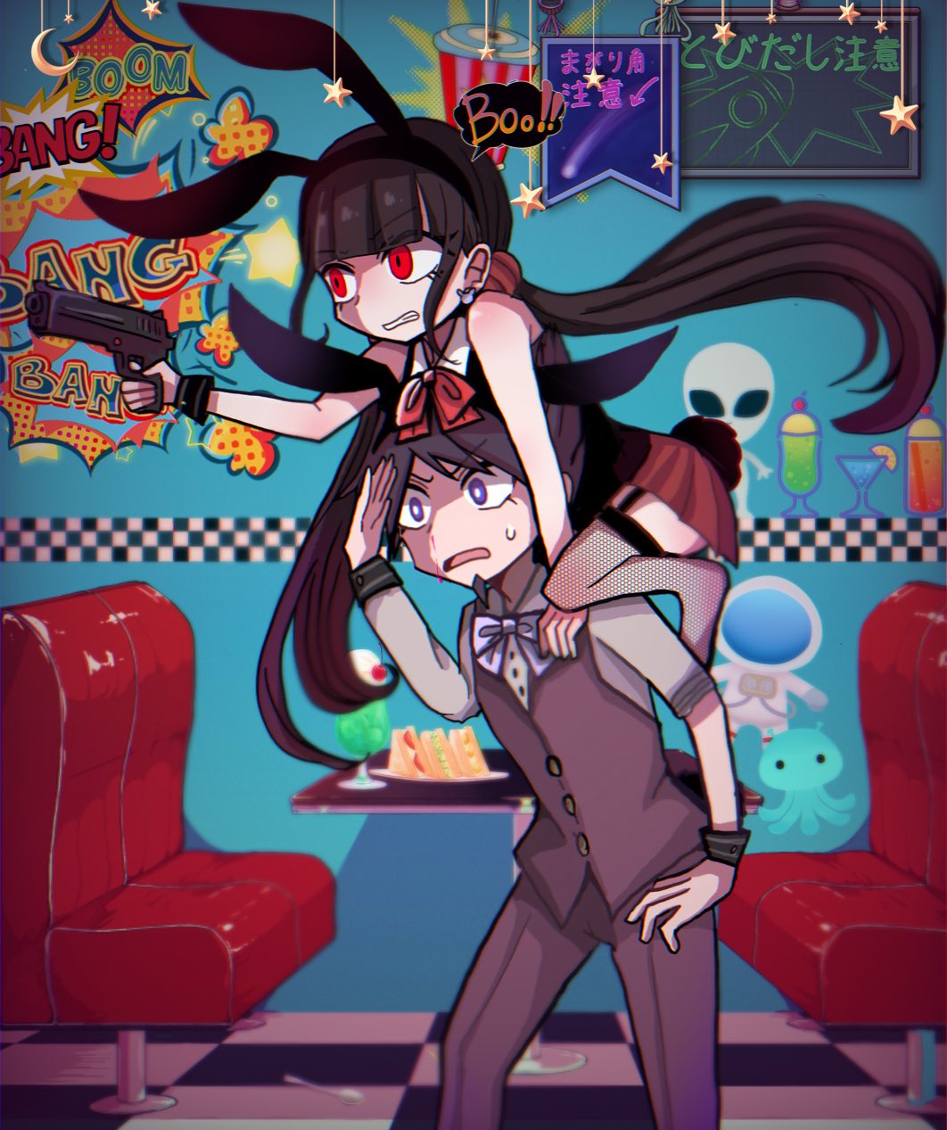 1boy, 1girl, animal_ears, bare_arms, bare_shoulders, blunt_bangs, bow, bowtie