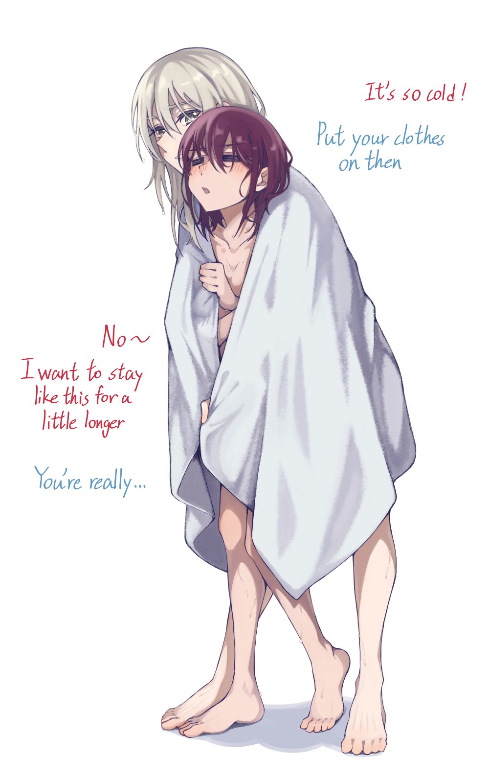 2girls, barefoot, blush, breasts, brown_hair, closed_eyes, collarbone, commentary