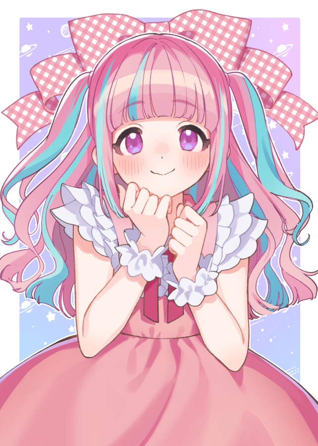 aikatsu!_(series), aikatsu_planet!, ann_(aikatsu_planet!), aqua_hair, blunt_bangs, blush, booota, border, bow, checkered_bow, checkered_clothes, clenched_hands, dot_nose, dress, gradient_background, hands_up, large_bow, multicolored_hair, outside_border, pink_bow, pink_dress, pink_hair, purple_background, purple_eyes, sleeveless, sleeveless_dress, smile, star_(symbol), star_symbol_background, straight_hair, streaked_hair, twintails, upper_body, white_border, wrist_cuffs