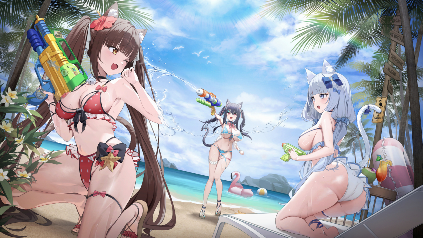 3girls, :d, ;d, absurdres, animal_ears, ass, beach, bikini
