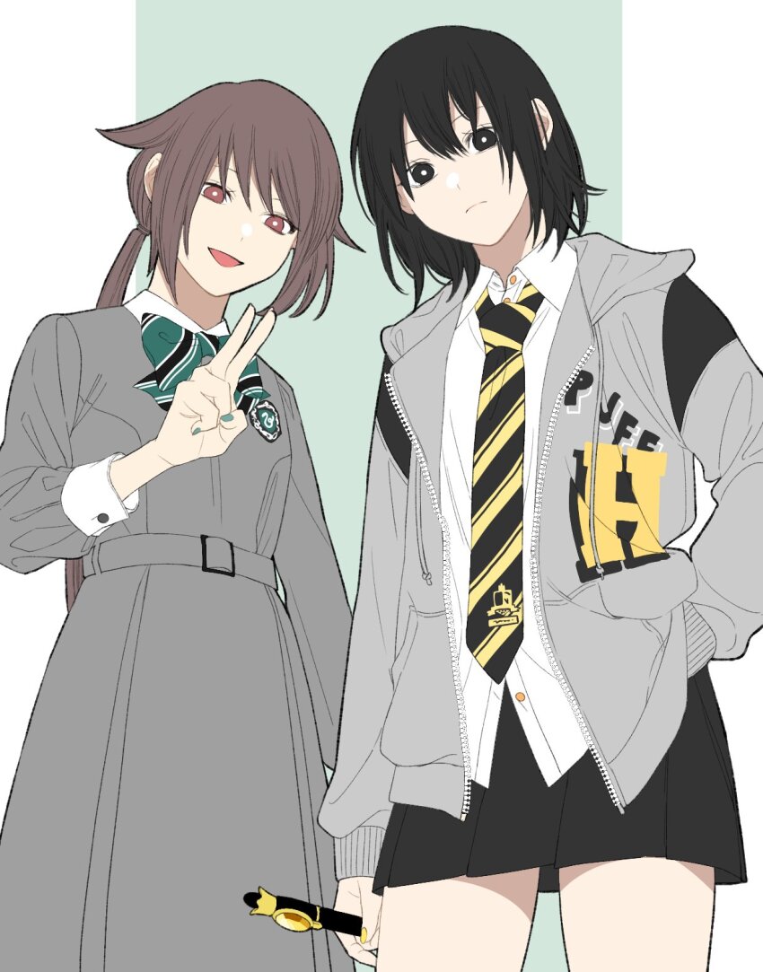 2girls, black_eyes, black_hair, borrowed_character, brown_eyes, brown_hair, commentary_request, cowboy_shot