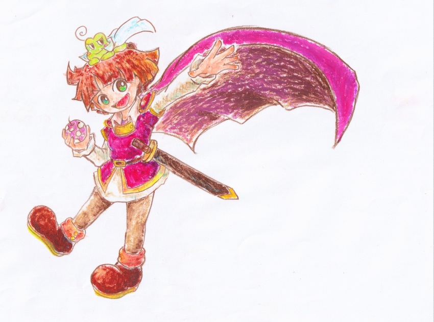 1boy, apple, brown_hair, brown_pants, cape, crayon_(medium), dual_persona, food