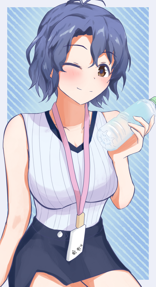 1girl, ;), antenna_hair, black_skirt, blue_hair, blush, bottle, breasts