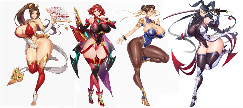 4girls, absurdres, alternate_breast_size, bayonetta, bayonetta_(series), blush, bracelet, braid, braided_twintails, breasts, brown_eyes, brown_hair, capcom, chun-li, cleavage, cosplay, covered_erect_nipples, curvy, detached_collar, double_bun, fatal_fury, female_focus, full_body, gauntlets, glasses, gloves, gurimjang, hair_bun, hand_fan, high_heels, high_ponytail, highres, huge_breasts, jewelry, long_hair, looking_at_viewer, matching_hair/eyes, mature_female, mizuki_shiranui_(cosplay), mole, mole_under_mouth, multiple_girls, paper_fan, ponytail, pyra_(xenoblade), red_eyes, red_hair, shiranui_mai, short_hair, skindentation, snk, stirrup_legwear, street_fighter, sword, taimanin_(series), the_king_of_fighters, thick_thighs, thighs, toeless_legwear, toes, weapon, wide_hips, xenoblade_chronicles_(series), xenoblade_chronicles_2