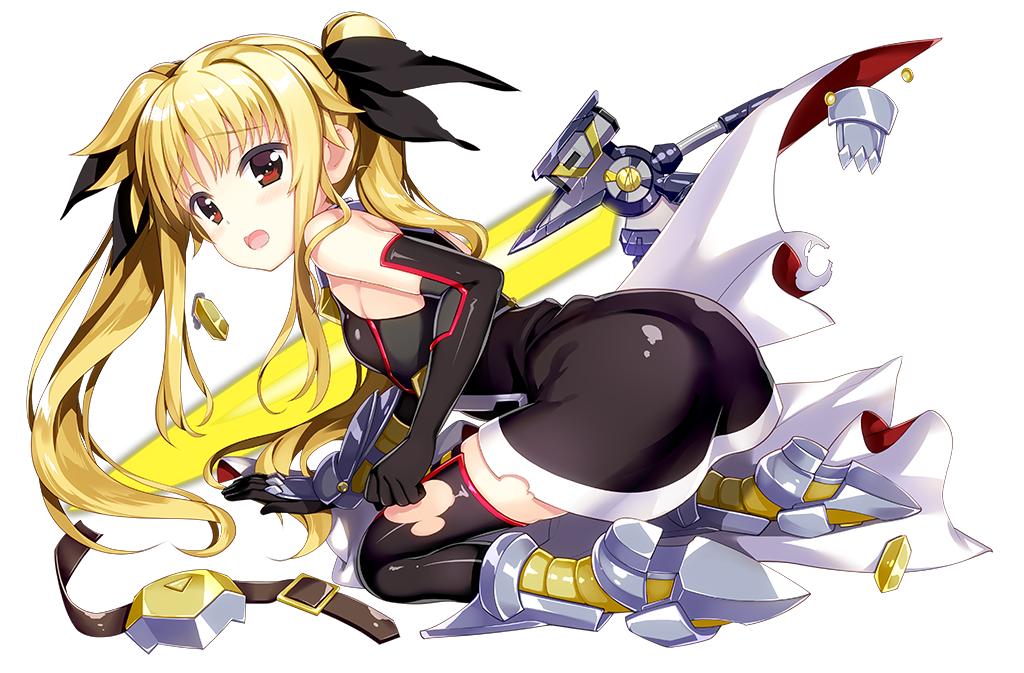 1girl, armored_boots, armored_gloves, ass, bardiche_(blitz_saber_form)_(nanoha), bardiche_(nanoha), black_dress, black_gloves, blonde_hair, boots, broken, broken_sword, broken_weapon, cape, dress, elbow_gloves, energy_sword, fate_testarossa, fate_testarossa_(blaze_iii), fujima_takuya, full_body, gloves, kneeling, layered_gloves, lyrical_nanoha, magical_girl, mahou_shoujo_lyrical_nanoha_detonation, official_art, open_mouth, solo, sword, tenka_hyakken, thighhighs, torn_clothes, torn_thighhighs, twintails, unworn_cape, weapon