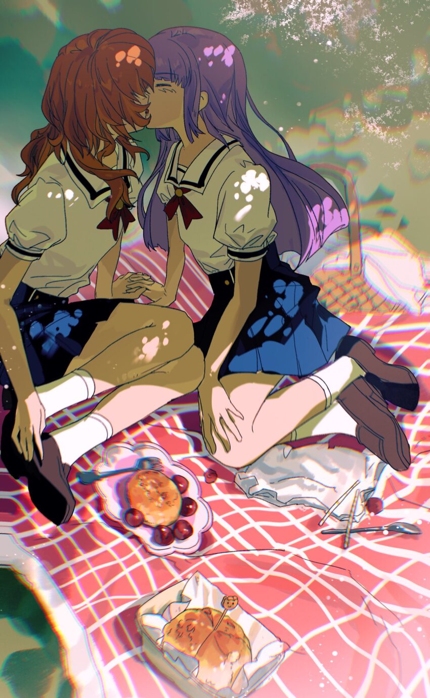 2girls, aikatsu!, aikatsu!_(series), belt, blue_skirt, brown_footwear, cake, chromatic_aberration, closed_eyes, day, drinking_straw, food, hand_on_ground, hand_on_own_knee, highres, hikami_sumire, kiss, long_hair, miniskirt, multiple_girls, neckerchief, nero_(nerolinsummer), orange_hair, outdoors, ozora_akari, picnic, picnic_basket, picnic_blanket, purple_hair, red_neckerchief, sailor_collar, school_uniform, shirt, shoes, short_sleeves, sitting, skirt, socks, spoon, starlight_academy_school_uniform, straight_hair, white_shirt, white_socks, yuri