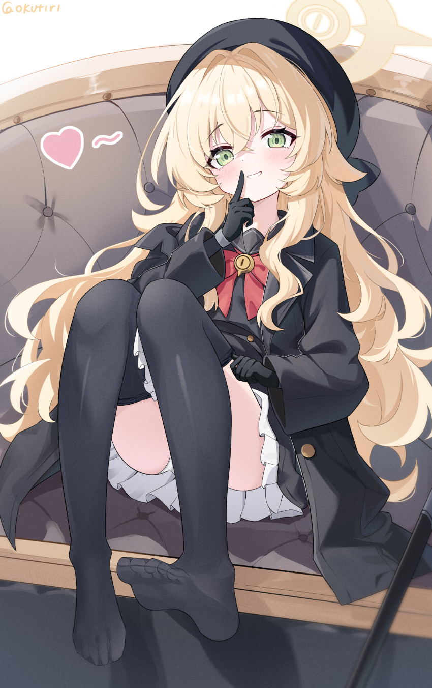 1girl, absurdres, black_coat, black_dress, black_gloves, black_hat, black_pantyhose, blue_archive, blush, bow, clothes_pull, coat, commentary, crossed_bangs, dress, exusiai_dust, finger_to_mouth, frilled_dress, frills, gloves, green_eyes, grin, hair_between_eyes, hair_intakes, halo, hat, heart, highres, index_finger_raised, indoors, legs_up, long_hair, long_sleeves, panties, panty_peek, pantyhose, pantyhose_pull, professor_niyaniya_(blue_archive), red_bow, shushing, sitting, smile, solo, twitter_username, underwear, upskirt, white_panties