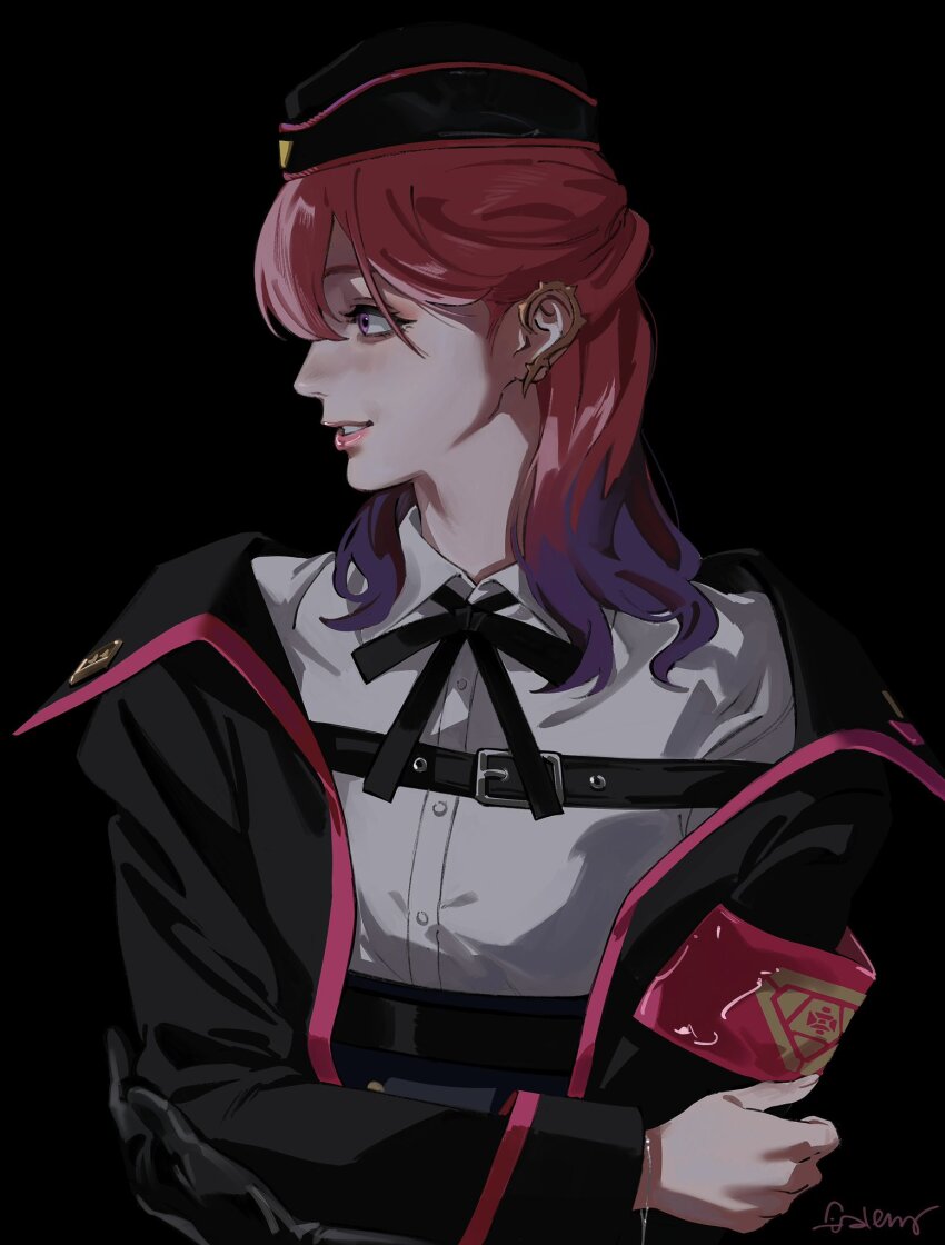 1girl, atheko, black_background, black_hat, black_jacket, black_ribbon, garrison_cap, gradient_hair