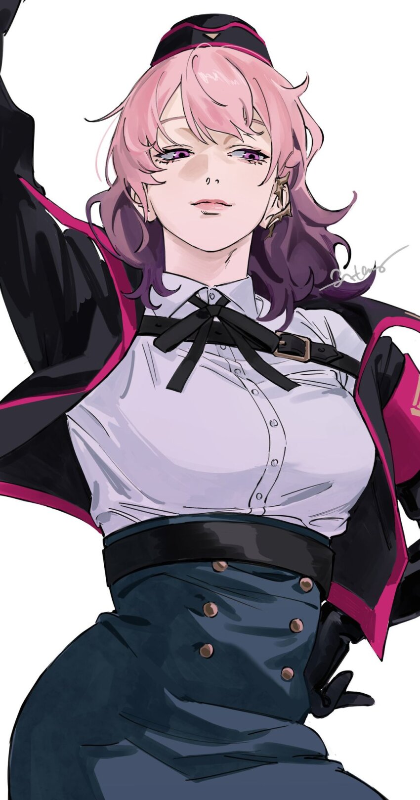 1girl, arm_up, atheko, black_gloves, black_hat, black_jacket, black_skirt, chest_belt, garrison_cap, gloves, hand_on_own_hip, hat, high-waist_skirt, highres, hypnosis_mic, jacket, keitoin_honobono, looking_to_the_side, open_clothes, open_jacket, pink_eyes, pink_hair, shirt, signature, simple_background, skirt, solo, white_background, white_shirt