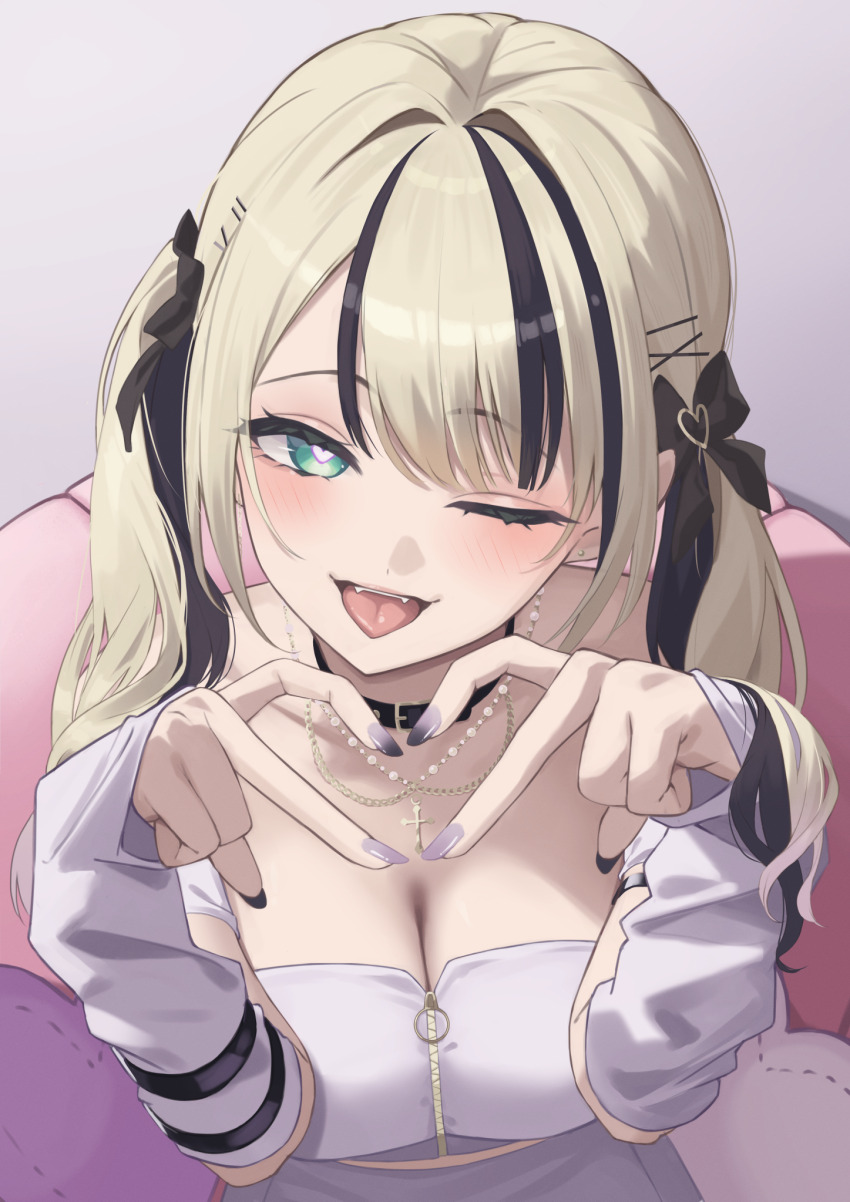 1girl, ;p, arm_strap, belt, belt_collar, black_belt, black_bow, black_choker