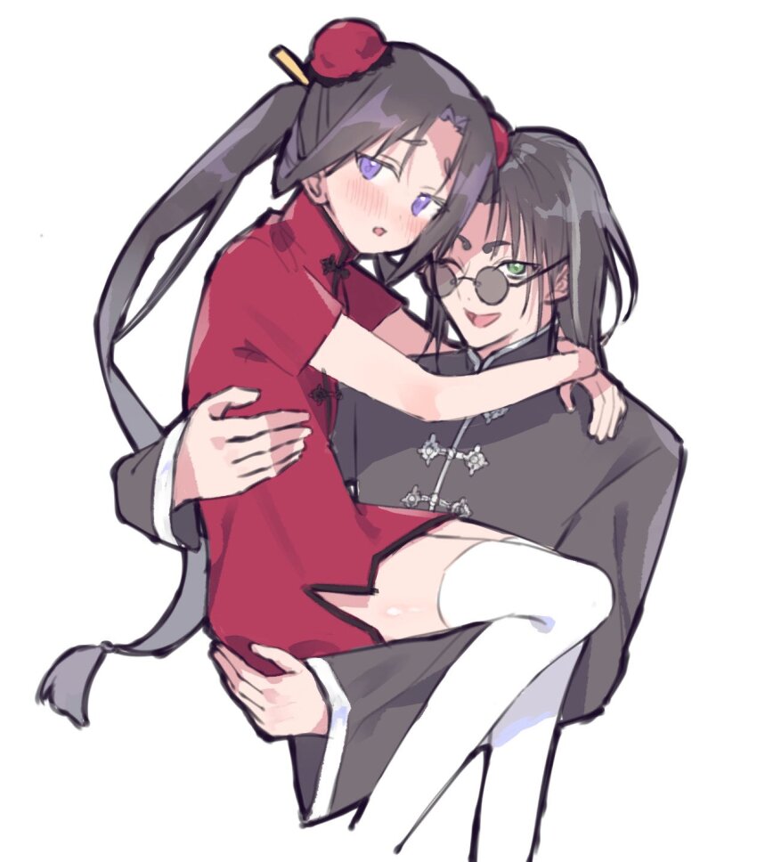 2boys, :d, arms_around_neck, black_hair, black_outline, black_trim, blush, bun_cover