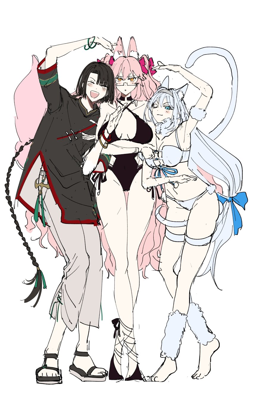 1boy, 2girls, :d, absurdres, animal_ear_fluff, animal_ears, armband, bikini