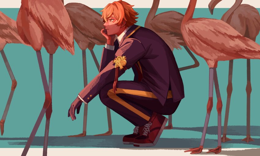 1boy, ace_trappola, animal, bird, blue_background, flamingo, full_body, heart