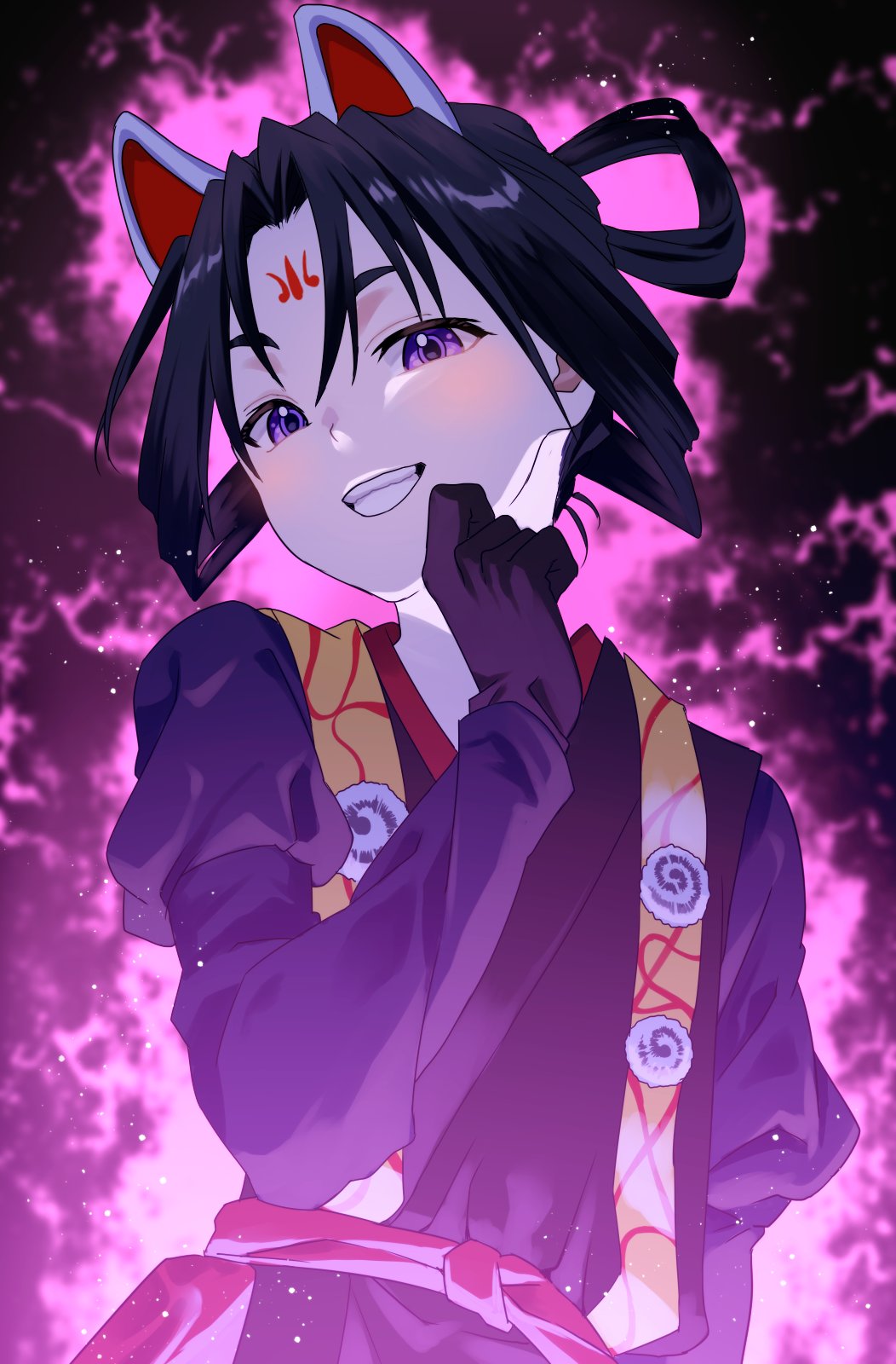 1boy, :d, abstract_background, animal_ears, black_gloves, black_hair, blush, bow