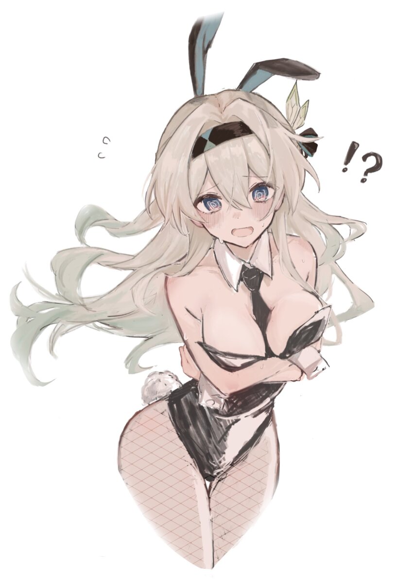 !?, 1girl, @_@, arms_under_breasts, black_leotard, cropped_legs, detached_collar, enunu_7e