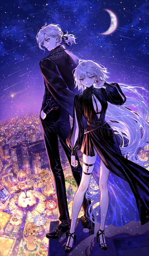 1boy, 1girl, asymmetrical_clothes, asymmetrical_dress, back-to-back, black_dress, black_footwear, black_jacket, black_pants, black_ribbon, cernunnos_(fate), cleavage_cutout, closed_mouth, clothing_cutout, craft_essence_(fate), crescent_moon, dress, earrings, edmond_dantes_(fate), edmond_dantes_(flames_of_applause)_(fate), fate/grand_order, fate_(series), full_body, grey_hair, hair_ribbon, hand_up, high_heels, jacket, jacket_on_shoulders, jeanne_d'arc_alter_(fate), jeanne_d'arc_alter_(flames_of_applause)_(fate), jewelry, long_dress, long_exposure, long_hair, long_sleeves, looking_down, low_ponytail, moon, night, nipi27, official_art, on_roof, outdoors, pants, ponytail, puffy_sleeves, ribbon, rooftop, shoes, short_hair, sky, smile, standing, star_(sky), star_trail, starry_sky, turtleneck, turtleneck_dress, very_long_hair, yellow_eyes