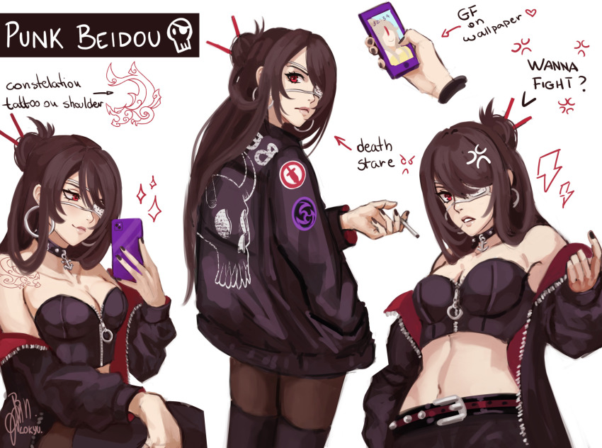 1girl, alternate_costume, anger_vein, beidou_(genshin_impact), belt, black_hair, black_jacket, black_nails