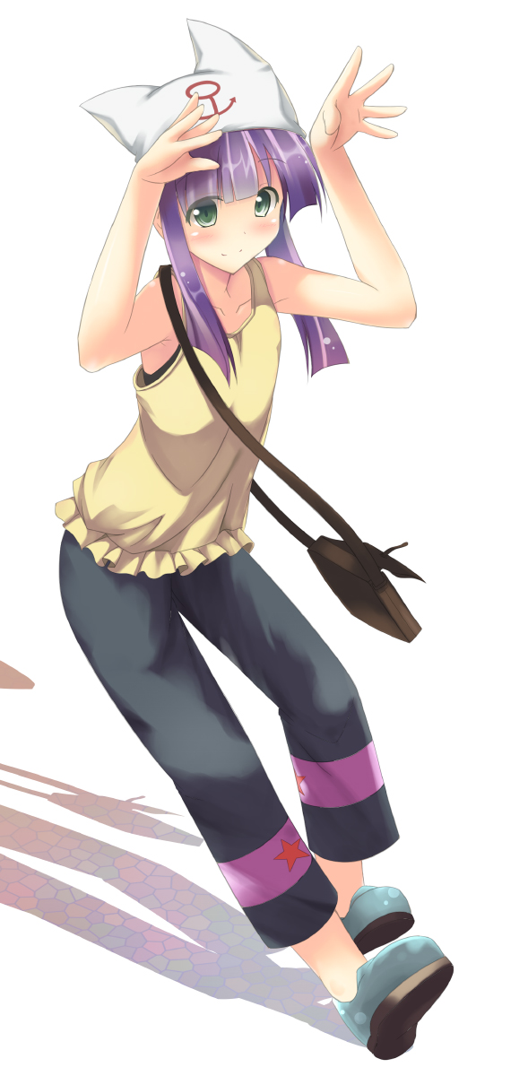 1girl, bag, female_focus, full_body, green_eyes, hat, highres, kisaragi_minato, nekomushi, purple_hair, solo, white_background, yumekui_merry